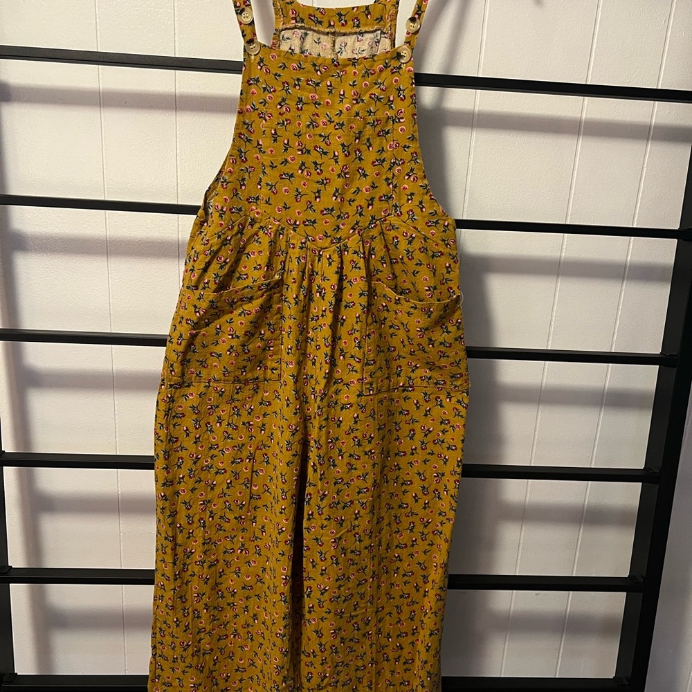 Handmade Floral Print Mustard Yellow Overalls Jumpsuit